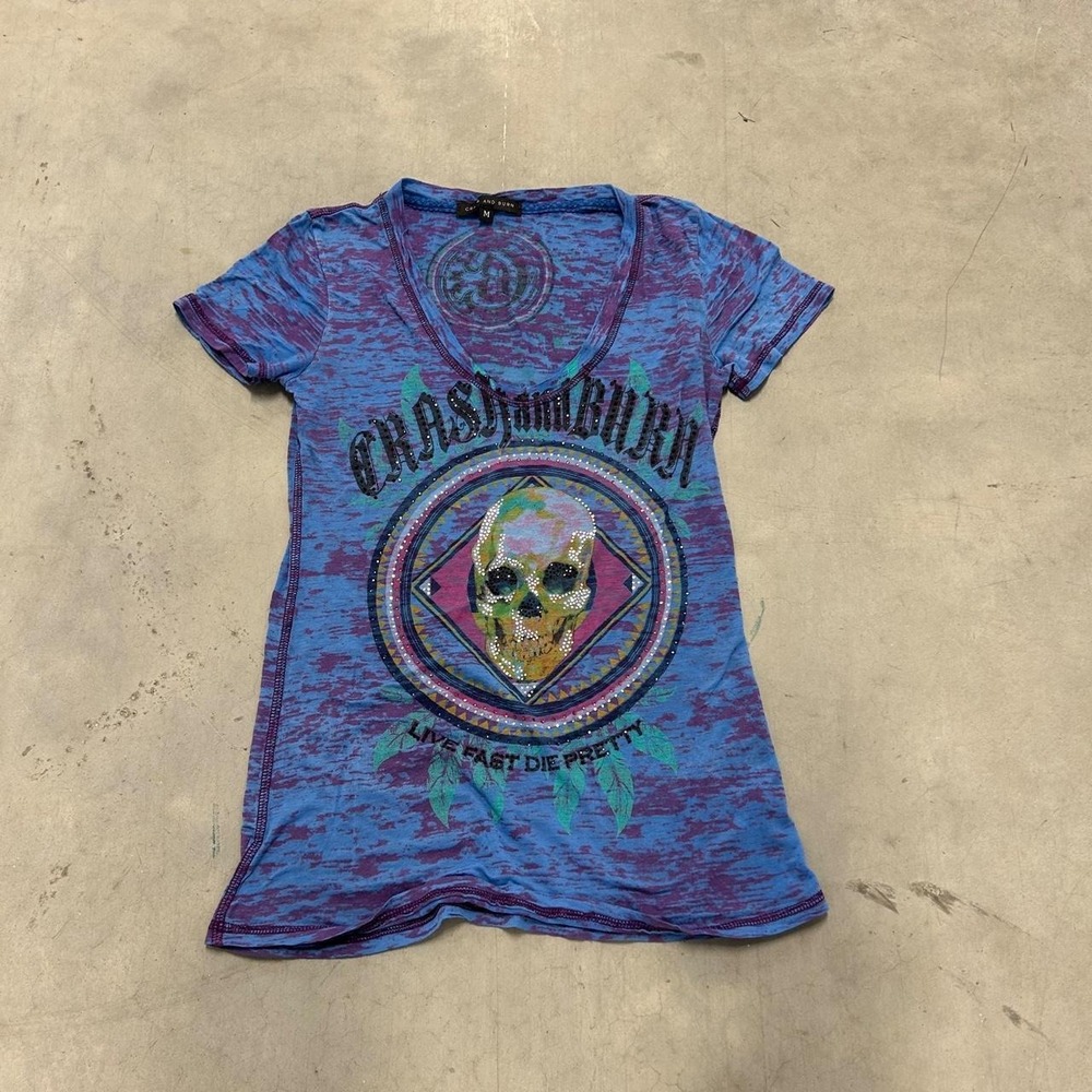 Y2K Affliction Style Blue Skull Woman's Emo Grunge Shirt